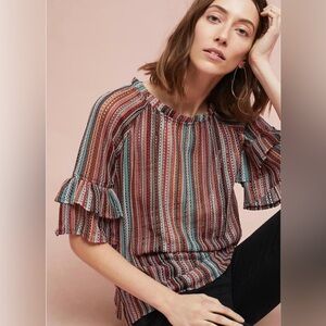 Anthro Eva Franco Jessalyn  Striped Knit Ruffle Sleeve Multicolor Top NWT Sz XS